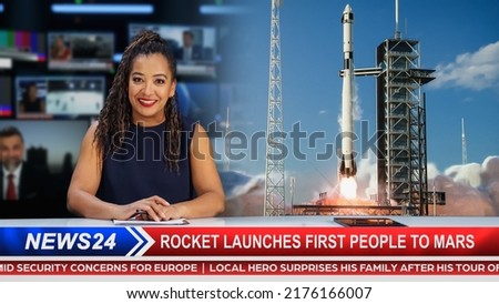 Split Screen TV News Live Report: Anchor Talks. Reportage Edit: Space Travel, Successful Rocket Launch with Astronaut, Control Room Celebrating. Television Program on Cable Channel Concept.