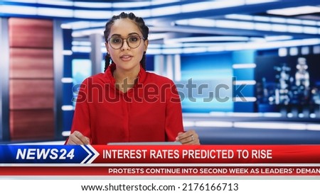 TV Live News Program with Professional Female Presenter Reporting. Television Cable Channel Anchorwoman Talks, Business, Economy, Entertainment. Mockup of Network Broadcasting in Newsroom Studio. Royalty-Free Stock Photo #2176166713