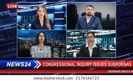 Split Screen TV: Four News Anchors Talking. TV Live News Segment. Presenters and Specilists Discuss Business, Politics, Daily Events. Television Programme on Cable Channel Concept. Royalty-Free Stock Photo #2176166723