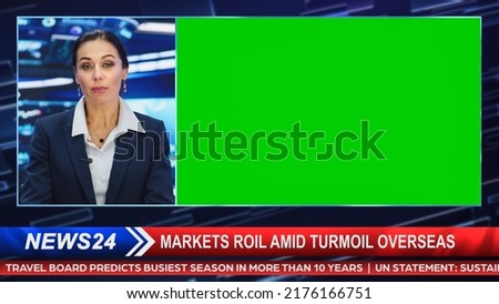 Split Screen TV News Live Report: Anchor Talks, Reporting. Reportage Edit with Picture in Picture Green Screen. Side by Side Chroma Key Display. Television Program on Cable Channel Concept.