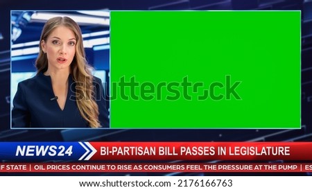 Split Screen TV News Live Report: Anchor Talks, Reporting. Reportage Edit with Picture in Picture Green Screen. Side by Side Chroma Key Display. Television Program on Cable Channel Concept.