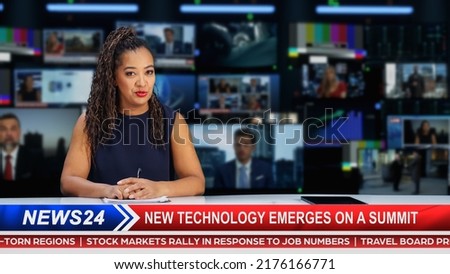 TV Live News Program with Professional Female Presenter Reporting. Television Cable Channel Anchorwoman Talks, Business, Economy, Entertainment. Mockup of Network Broadcasting in Newsroom Studio.