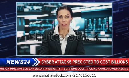 TV Live News Program: Female Presenter Reporting News on Television Cable Channel Newsroom Studio: Anchorwoman Talks Broadcasting from a Network Television Studio Concept. Royalty-Free Stock Photo #2176166811