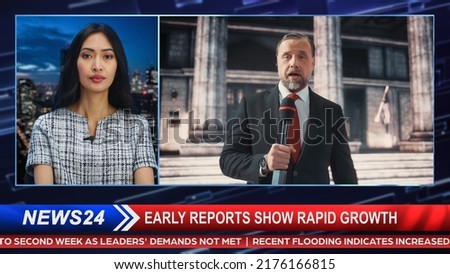 Split Screen Edit of TV News Live Report: Anchorwoman Talks with Correspondent Reporting Outside Parliament, Court, Government. Politics, Economy. Television Program on Cable Channel Concept.
