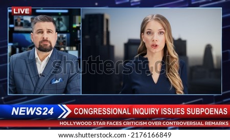 Split Screen: Two Anchors Talking TV Live News Segment. Presenters Discuss Business, Economy, Politics, Science, Daily Events. Television Program on Cable Channel Concept Edit.