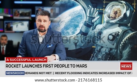Split Screen TV News Live Report: Anchor Talks. Reportage Edit: Space Travel, Successful Rocket Launch with Astronaut, Control Room Celebrating. Television Program on Cable Channel Concept.