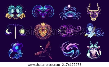 12 Neon zodiac signs. Set of colorful neon astrological signs including Aries, Taurus, Gemini, Cancer, Leo, Virgo, Libra, Scorpio, Sagittarius, Capricorn, Aquarius, and Pisces.