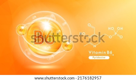 Vitamin B6 orange and structure. Pill vitamins complex and bubble collagen serum chemical formula. Beauty treatment nutrition skin care design. Medical and scientific concepts. 3D Vector EPS10. Royalty-Free Stock Photo #2176182957