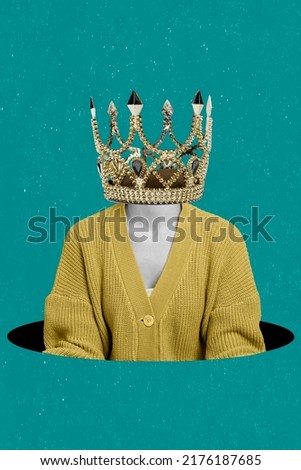 Collage picture of person black white effect golden crown instead head isolated on painted background