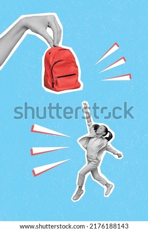 Vertical composite collage picture of big arm fingers hold backpack excited crazy pupil jump run catch black white colors