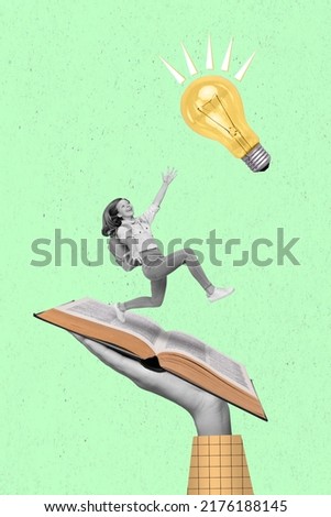 Photo cartoon comics sketch picture of happy smiling little girl running open book catching idea plan isolated green color background Royalty-Free Stock Photo #2176188145