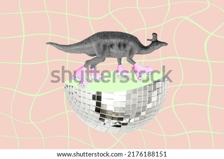 Creative retro 3d magazine image of funny funky dino riding rollers half disco ball isolated drawing background