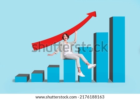 Photo cartoon comics sketch picture of purposeful lady sitting 3d graphs showing company increase isolated blue color background