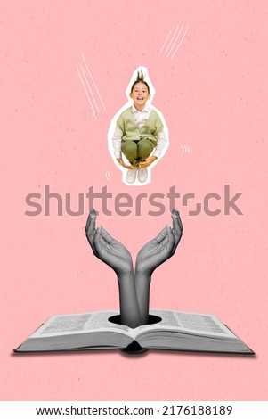 Collage 3d image of pinup pop retro sketch of girl jumping book arms catching isolated painting pink background