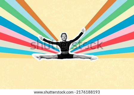 Creative collage portrait of excited positive sporty girl black white gamma stretch split legs drawing colorful rainbow