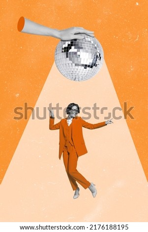 Vertical collage image of excited positive girl enjoy dancing huge hand black white effect hold disco ball isolated on painted background Royalty-Free Stock Photo #2176188195