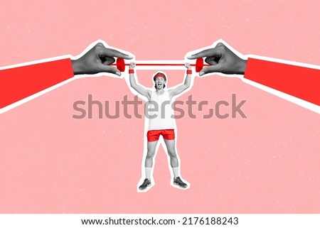Creative collage picture of two huge hands help sportive positive guy lift barbell black white effect isolated on pink background
