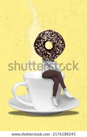 Photo artwork minimal picture of lady donut instead of head sitting hot beverage cup isolated yellow drawing background