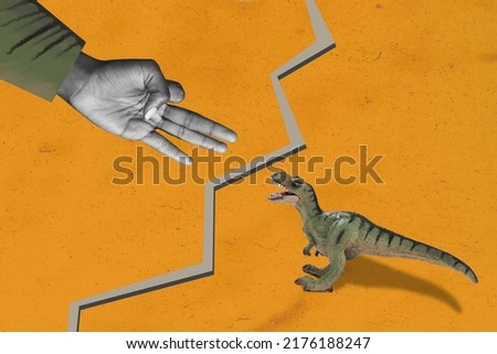 Creative abstract template graphics image of dino biting big huge arm showing thee fingers isolated orange drawing background