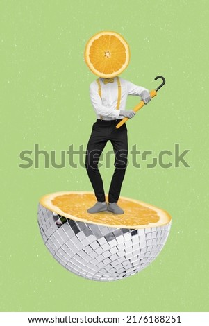 Vertical collage picture of excited guy black white gamma hold umbrella orange slice instead head stand huge disco ball