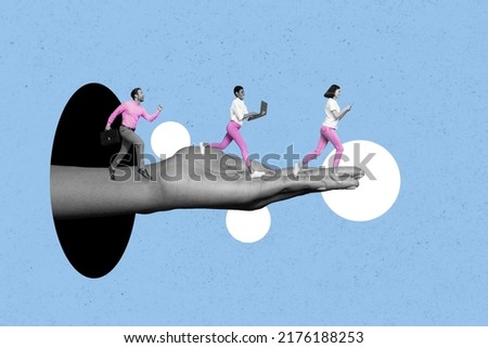 Photo cartoon comics sketch picture of mini people working devices running big arm isolated painting blue background
