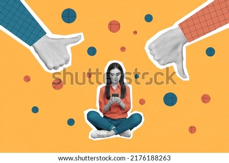 Artwork magazine picture of busy lady typing modern device thinking people feedback isolated panting background