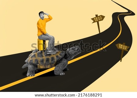 Collage picture of small shocked guy black white gamma sit ride huge turtle walk long road isolated on drawing background