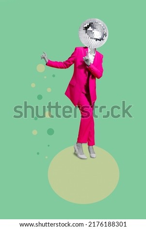 Vertical collage picture of excited carefree girl dancing huge disco ball instead head isolated on painted background