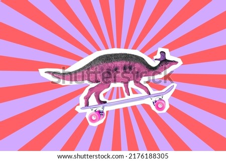 Photo artwork minimal picture of funny dinosaur riding penny board isolated red pink neon drawing background