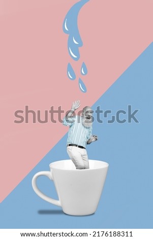 Photo cartoon comics sketch picture of funny man standing inside cup tacking water shower isolated painting red blue background
