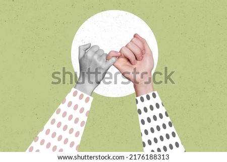 Collage illustration of two human people hands fingers hold touch demonstrate peace agreement gesture isolated on drawing sun background Royalty-Free Stock Photo #2176188313