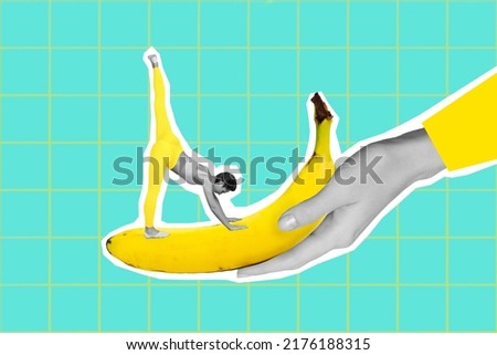 Creative collage image of huge arm hold small girl practicing stretching big banana black white colors isolated on checkered pattern background