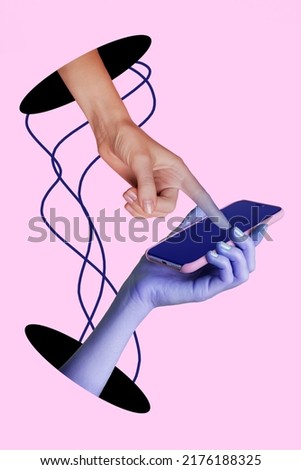 Collage 3d image of pinup pop retro sketch of parallel words arms pointing typing modern device isolated pink background
