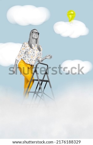 Vertical composite collage illustration of positive girl black white colors climb drawing ladder clouds sky light bulb