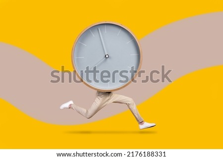 Creative abstract template graphics image of funny funky guy clock instead of body isolated orange beige drawing background