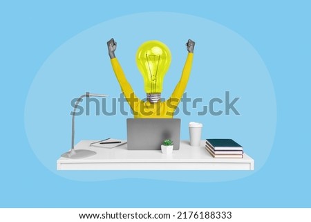 Collage picture of excited crazy person black white colors raise hands celebrate triumph light bulb instead head