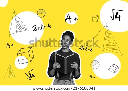 Creative abstract template graphics image of intelligent lady learning math isolated yellow drawing background