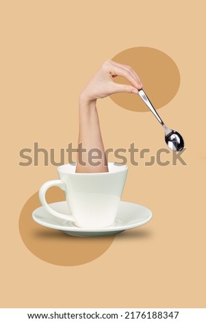 Vertical collage illustration of big human arm coffee cup hold spoon isolated on beige creative background