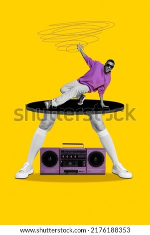 Vertical collage illustration of overjoyed excited guy black white colors dancing floor huge woman legs isolated on yellow background Royalty-Free Stock Photo #2176188353