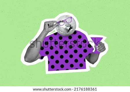 Photo artwork minimal picture of guy disco ball instead of head eyeglasses holding wine glass isolated drawing background