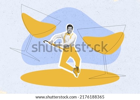 Artwork magazine picture of funny funky guy dancing enjoying beverages isolated panting background