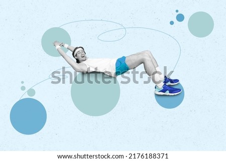 Composite collage portrait of excited cheerful guy black white colors exercise drawing fit ball isolated on creative background