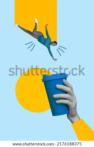 Vertical collage illustration of mini person black white gamma fall jumping huge arm hold coffee cup isolated on drawing background