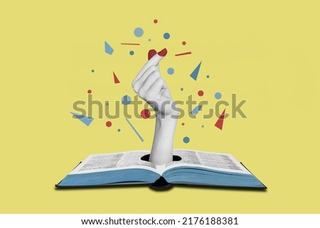 Composite collage illustration of girl hand fingers black white gamma through book hole demonstrate korean love symbol