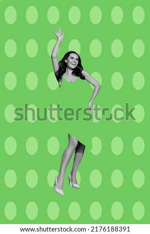 Vertical creative collage picture of pretty positive girl black white gamma drawing green dress enjoy dancing isolated on dotted background