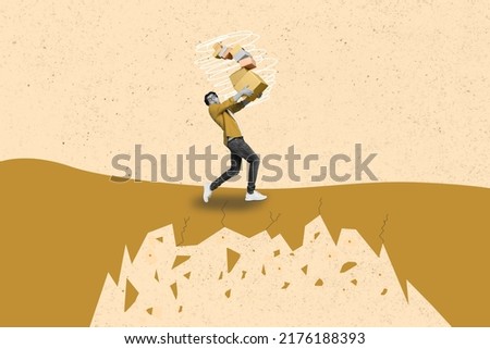Creative collage image of worried guy black white colors arms hold pile stack boxes walk dangerous way isolated on drawing background