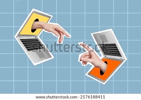 Composite collage image of two arms fingers reach touch each other two laptops displays isolated on checkered background Royalty-Free Stock Photo #2176188411