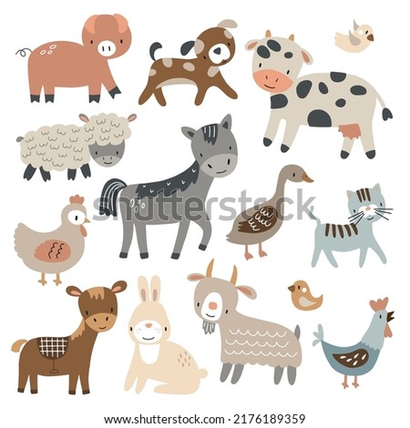 Farm animals set in flat style isolated on white background. Vector illustration. Cute cartoon animals collection: sheep, goat, cow, donkey, horse, pig, cat, dog, goose, chicken, hen, rooster