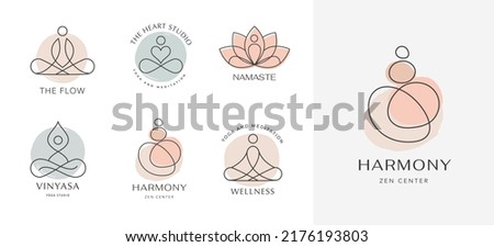 Collection of Yoga, Zen and Meditation logos, linear icons and elements. Bohemian style minimalist illustrations in pastel colors. Vector design Royalty-Free Stock Photo #2176193803