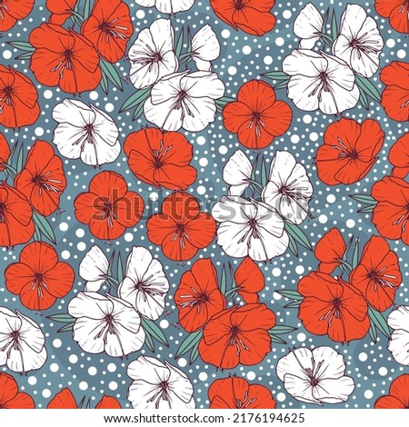 Seamless vector pattern with hand drawn red and white primroses and white dots on grey blue background. Beautiful floral texture.